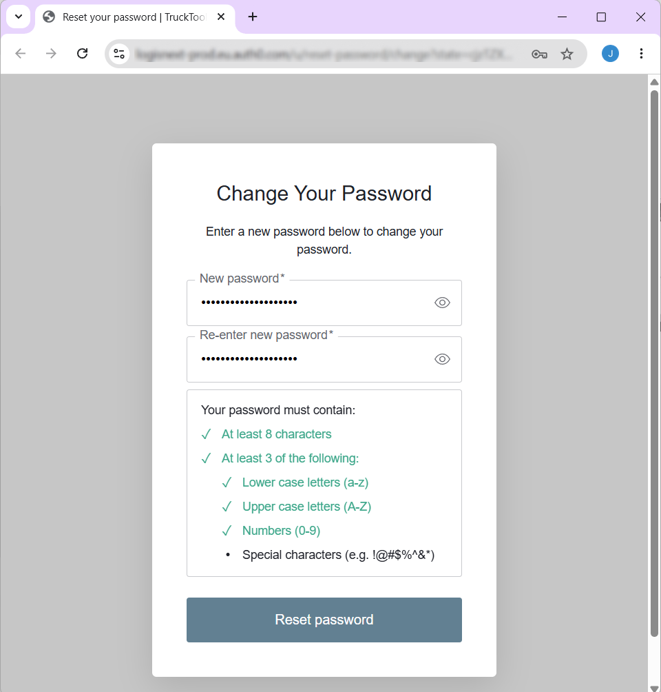 Set a new password in a browser window